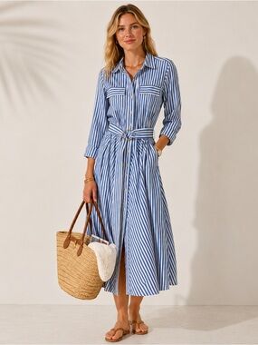 Coastal Preppy Striped Midi Belt Feminine Dress Nautical Vacation XS